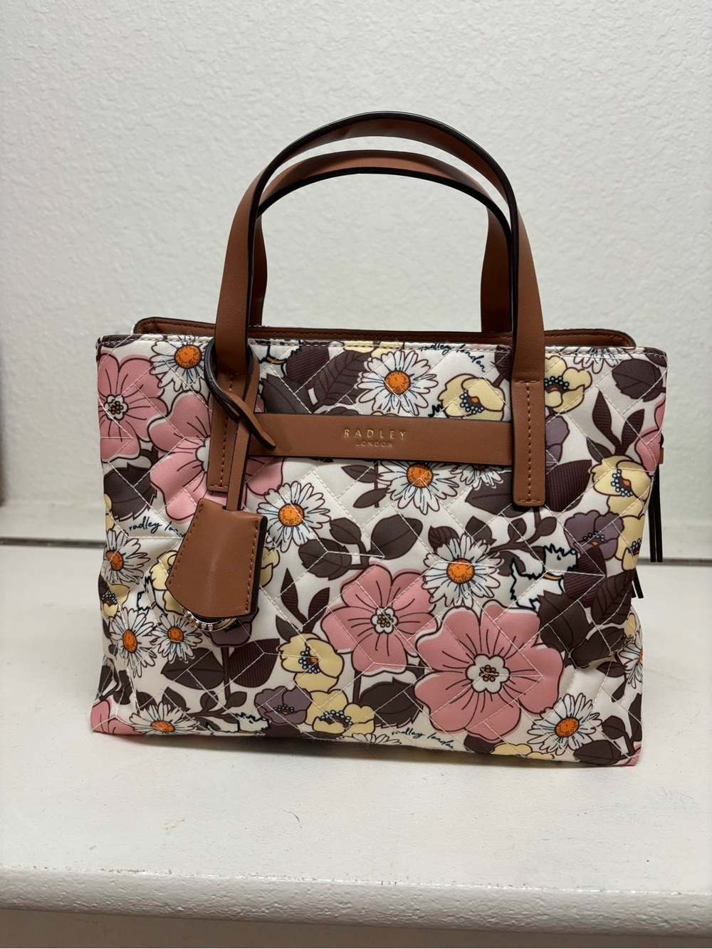 Radley London Floral Quilted Medium Satchel Bag in Pink & Brown